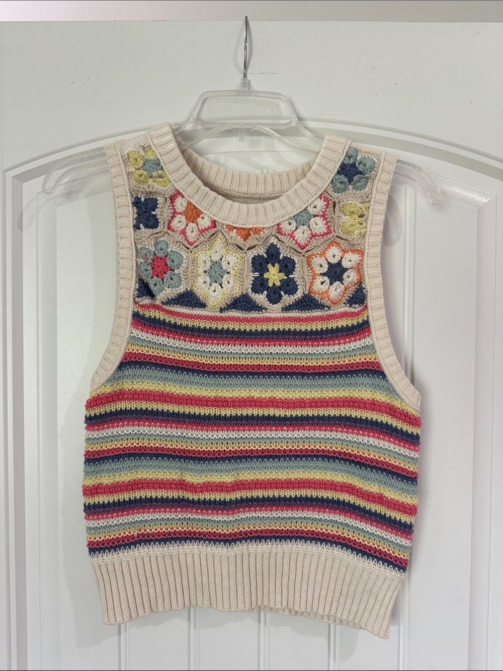 American Eagle Outfitters Cream Crochet Floral & Striped Knit Tank
